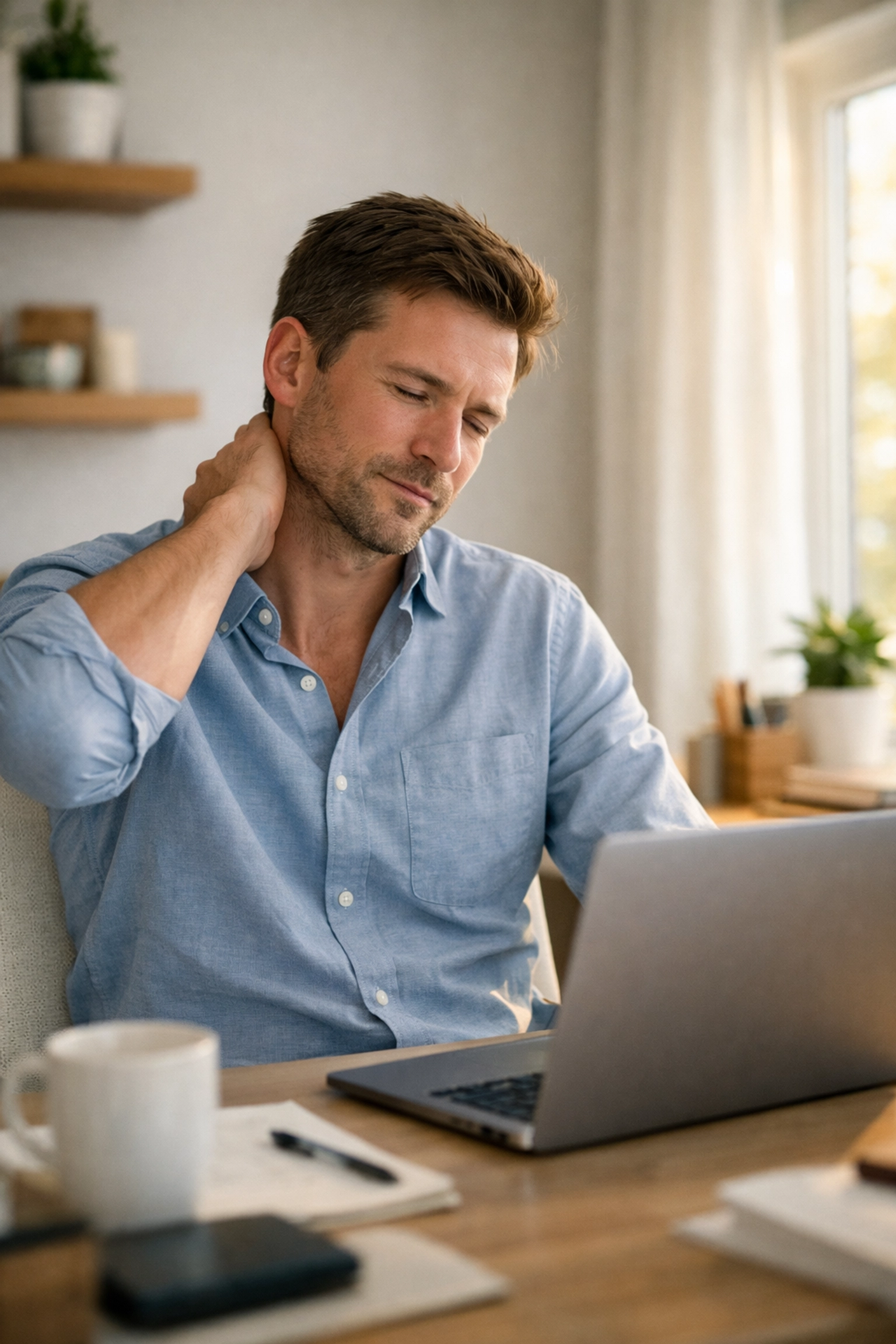 A professional rubbing their neck at a desk, needing expert massage therapy Edmonton for desk neck relief.