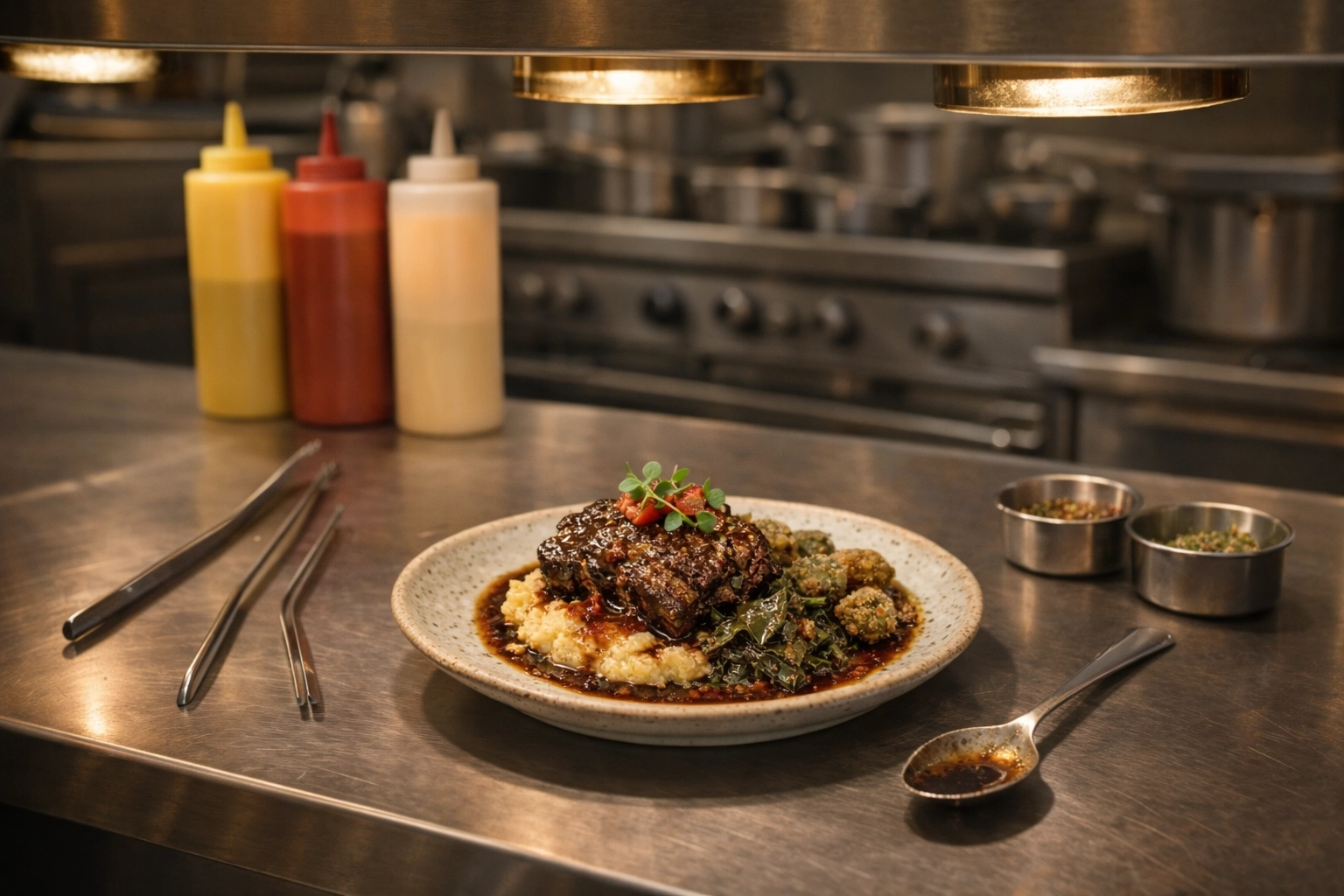 Carefully plated Southern comfort dish on a stainless steel pass with professional plating tools