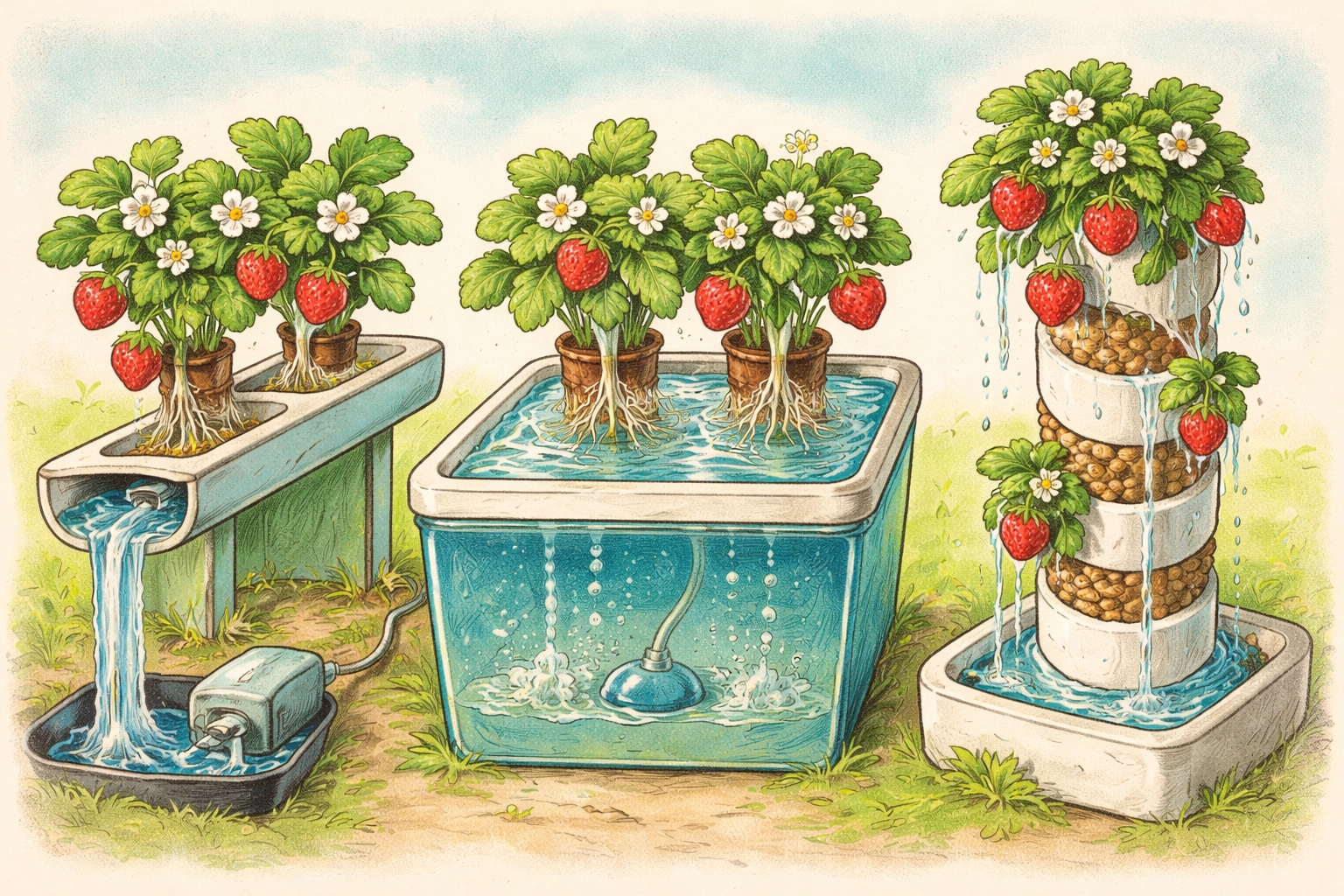 Three hydroponic methods for growing strawberries without soil: NFT, DWC, and drip system cross-section illustration