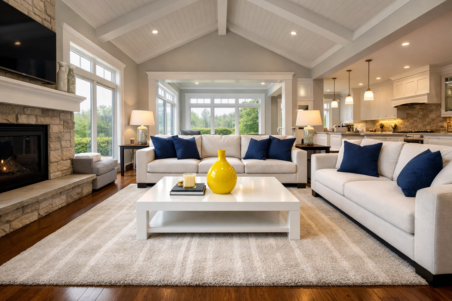 Pristine Boxborough living room with fresh vacuum lines, showcasing professional residential cleaning Boxborough MA.