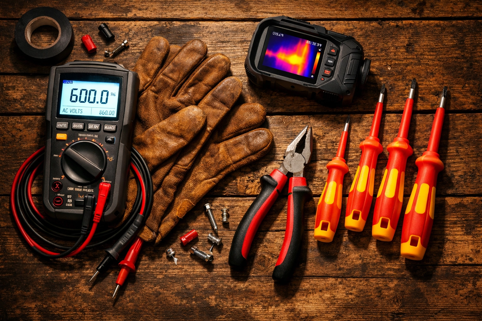 Professional electrician tools and gear on a workbench, protected by inland marine insurance.