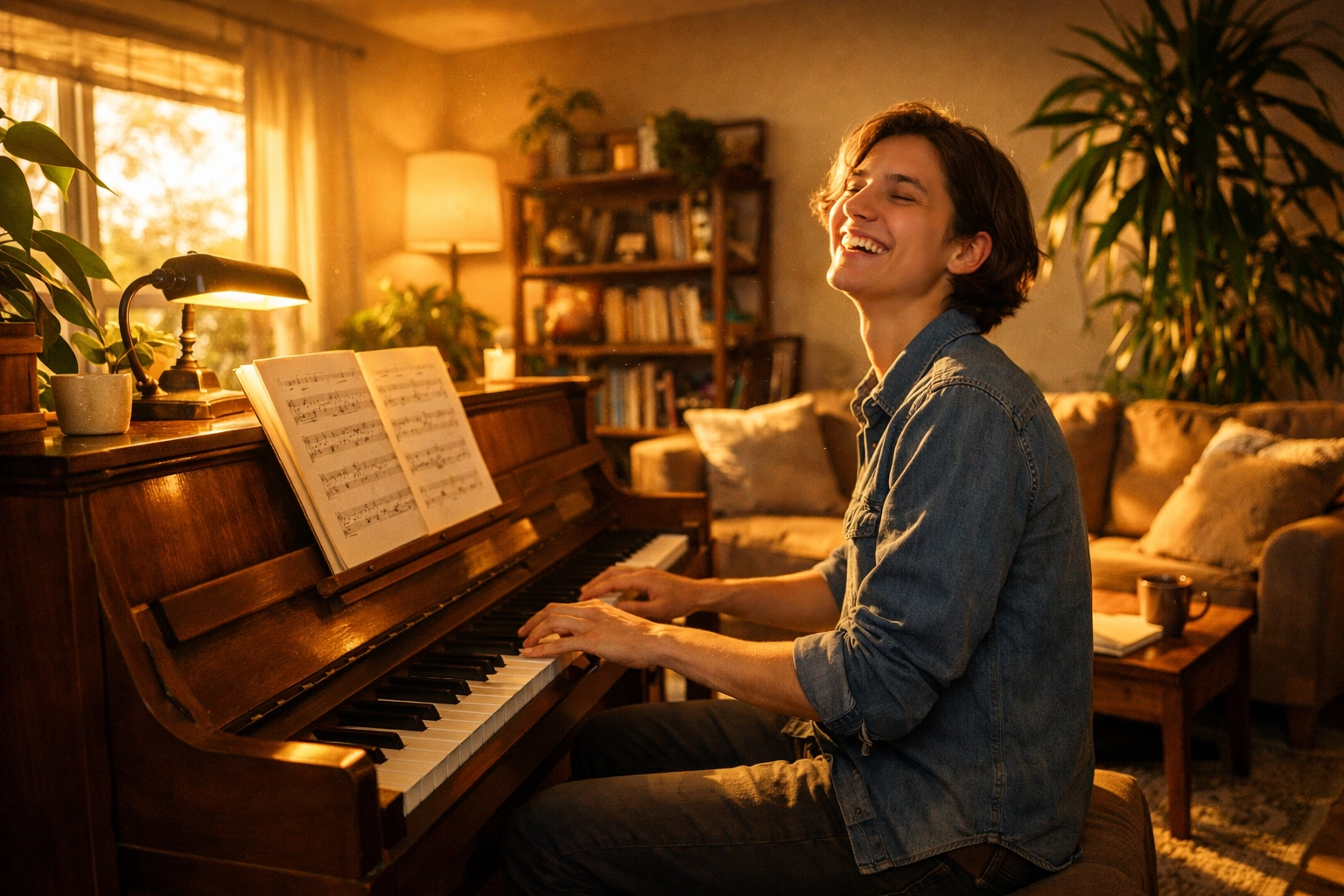 Happy student experiencing a breakthrough at an upright piano during music lessons in Tallahassee.
