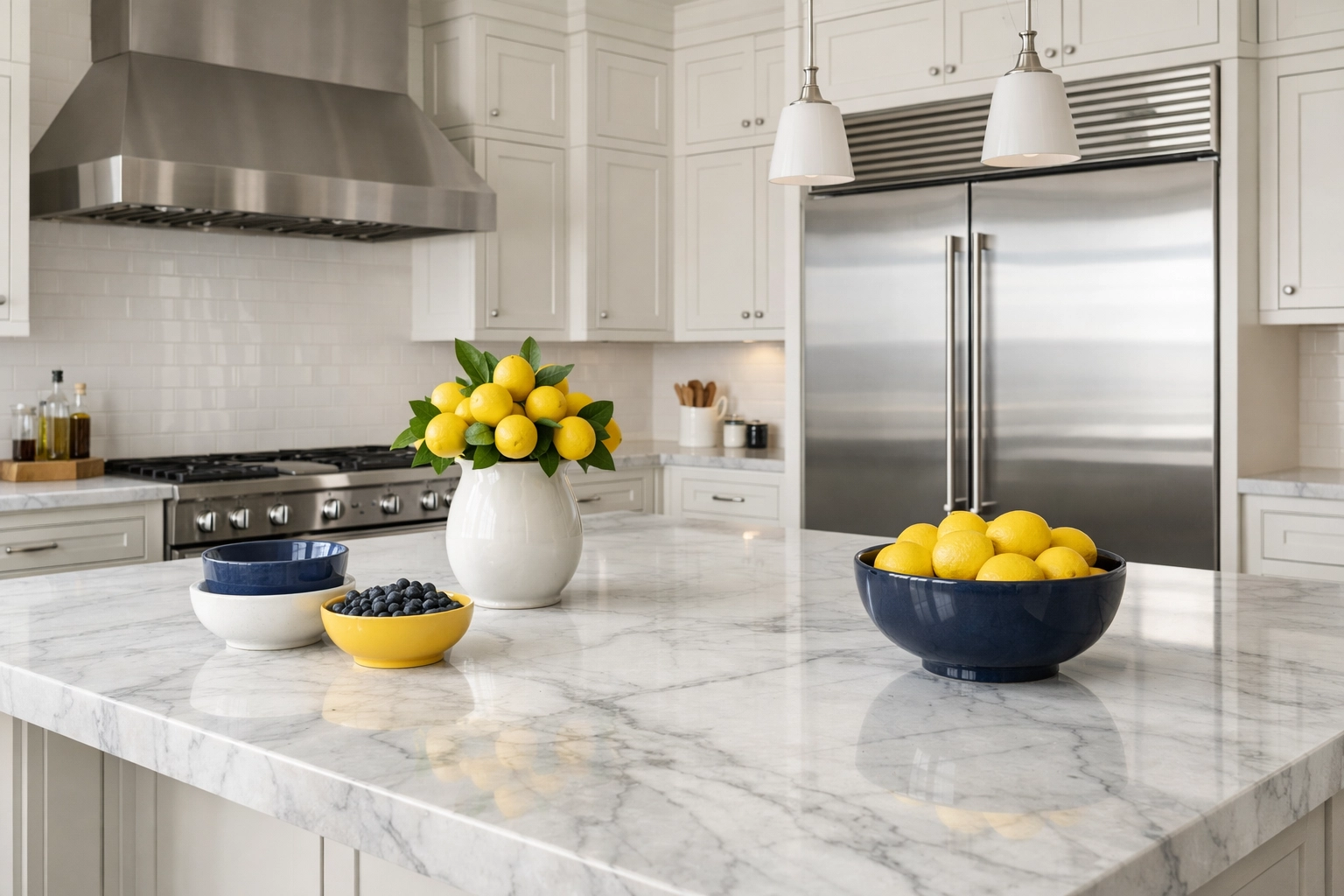 Spotless luxury kitchen in a Concord estate featuring a polished marble island and premium appliances.