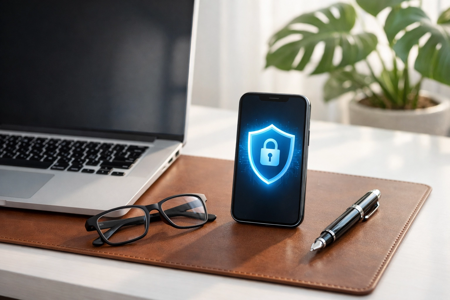 Secure tax filing setup with a laptop and smartphone showing a digital shield for IRS IP PIN identity protection.