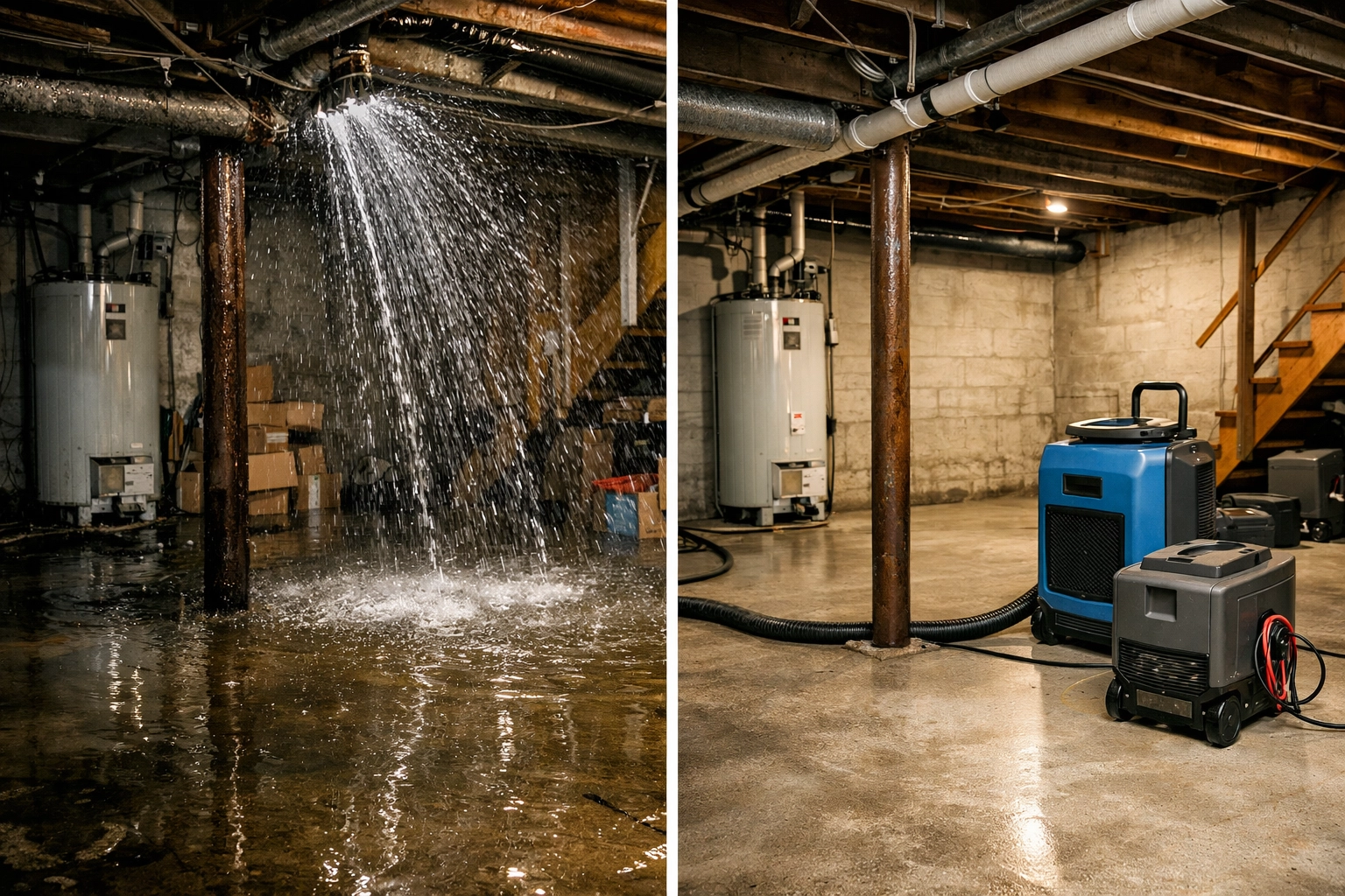 Before and after water damage restoration showing flooded basement and professional repair