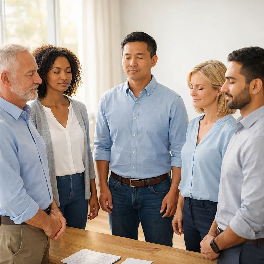 Professional team practicing grounding exercise for workplace resilience and psychological safety
