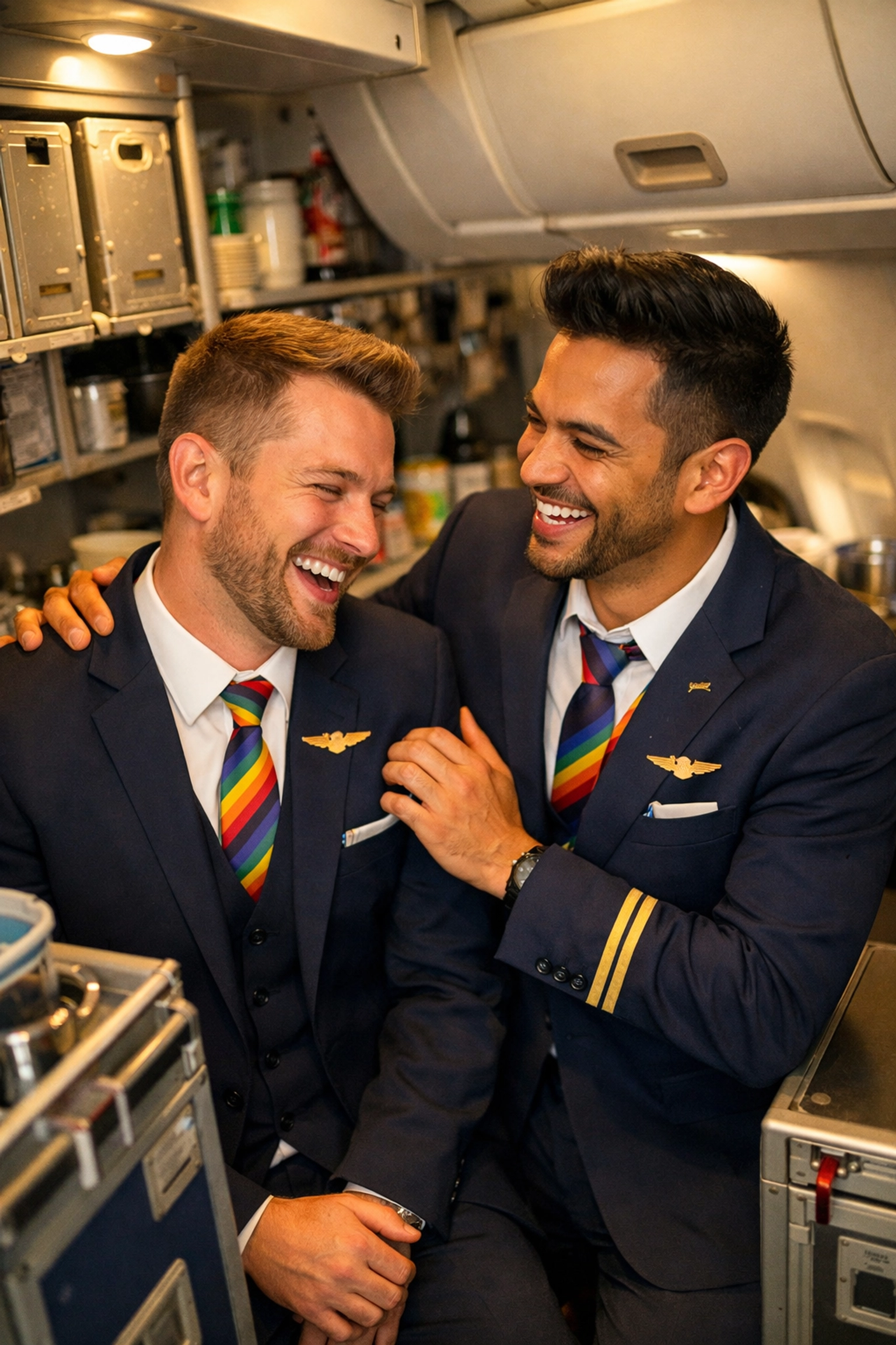 Two gay flight attendants sharing laughter and camaraderie in airplane galley