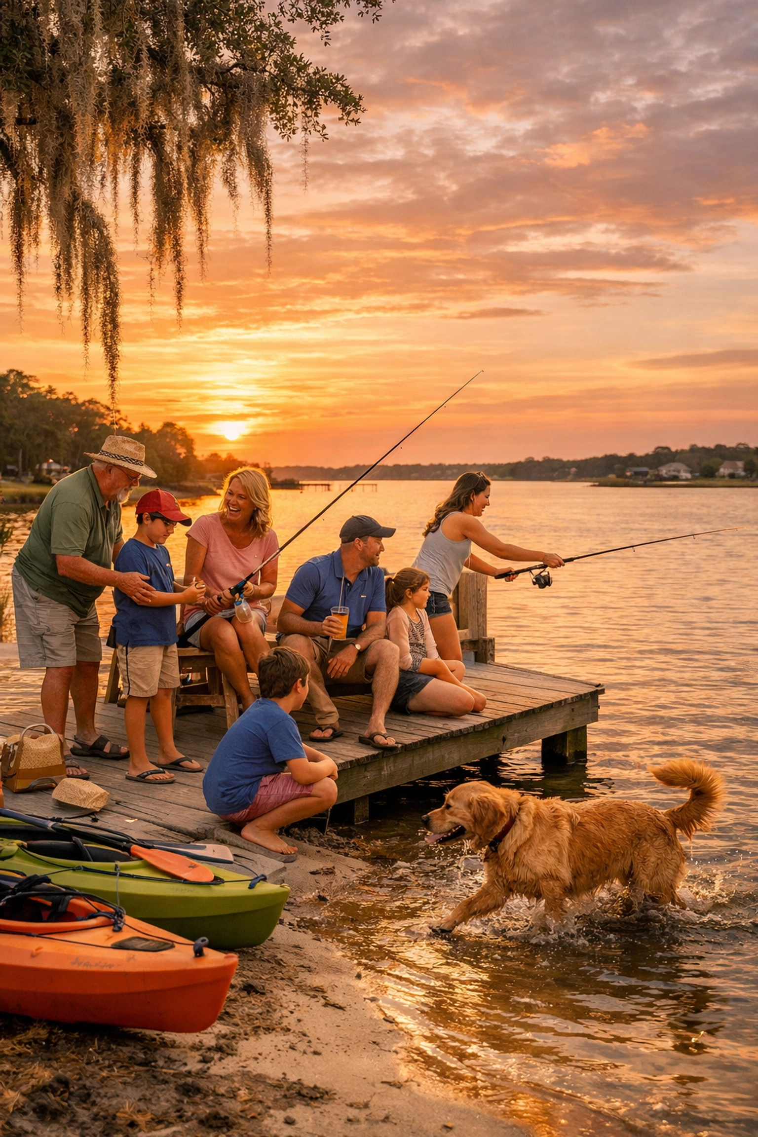 Family enjoying waterfront living in coastal NC community