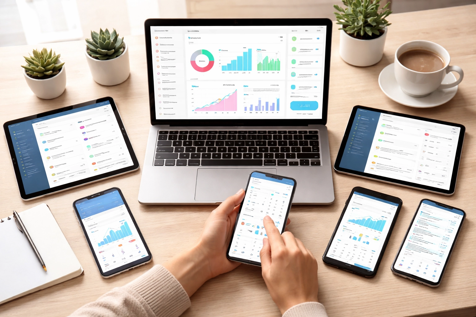 Minimalist workspace with dashboards and devices, highlighting innovative AI agent implementation in IT operations.