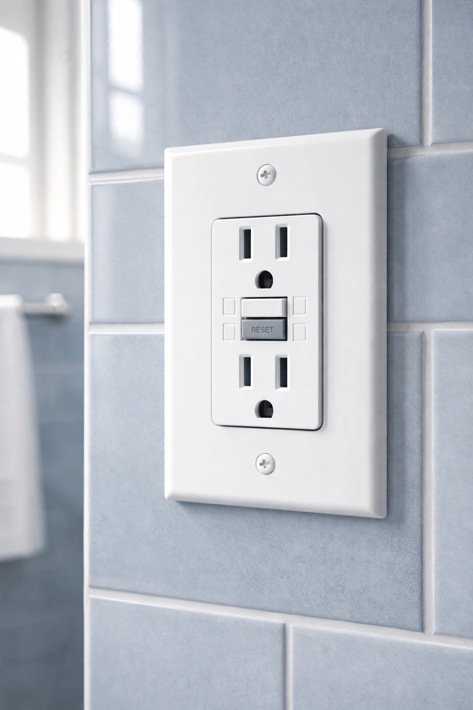 Close-up of a GFCI electrical outlet in a modern Atlanta bathroom, essential for home electrical repair safety.