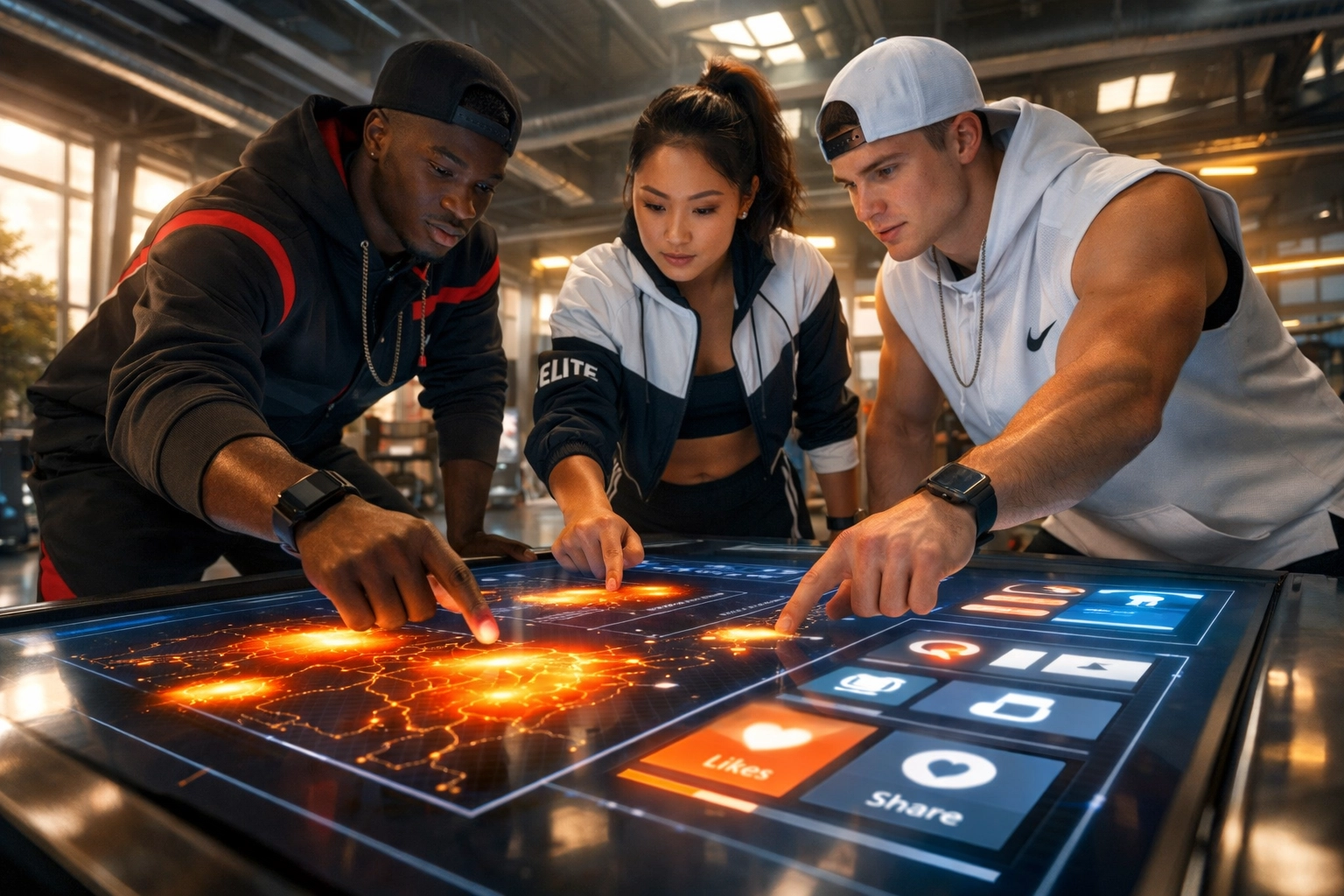 College athlete ambassadors collaborating on an NIL digital marketing campaign for high-performance brand growth.