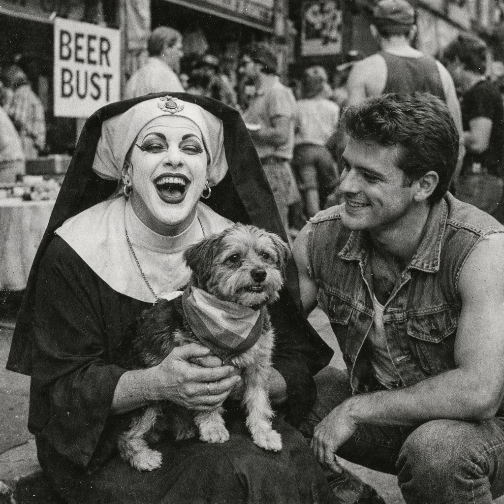 A Sister of Perpetual Indulgence at an early 1980s AIDS benefit fundraiser in San Francisco's Castro.