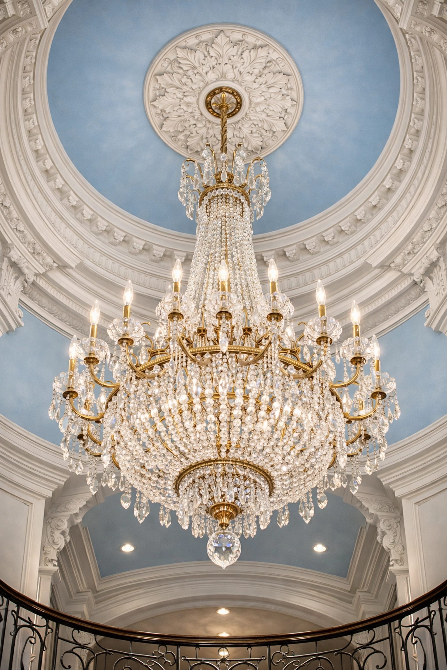 Sparkling crystal chandelier in a grand foyer after a thorough top-to-bottom deep clean.