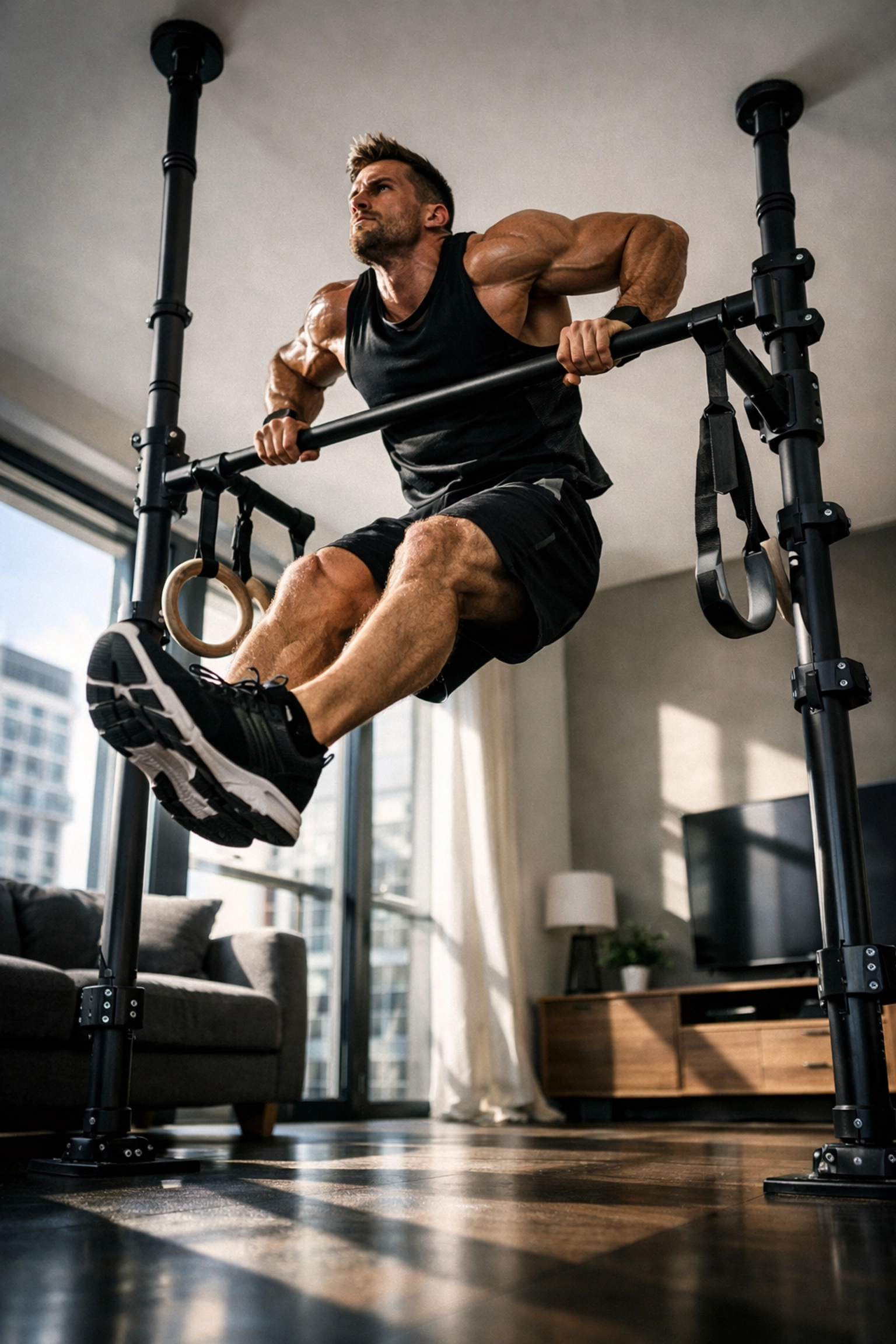 Athlete performing muscle-up on floor to ceiling gym system in modern apartment