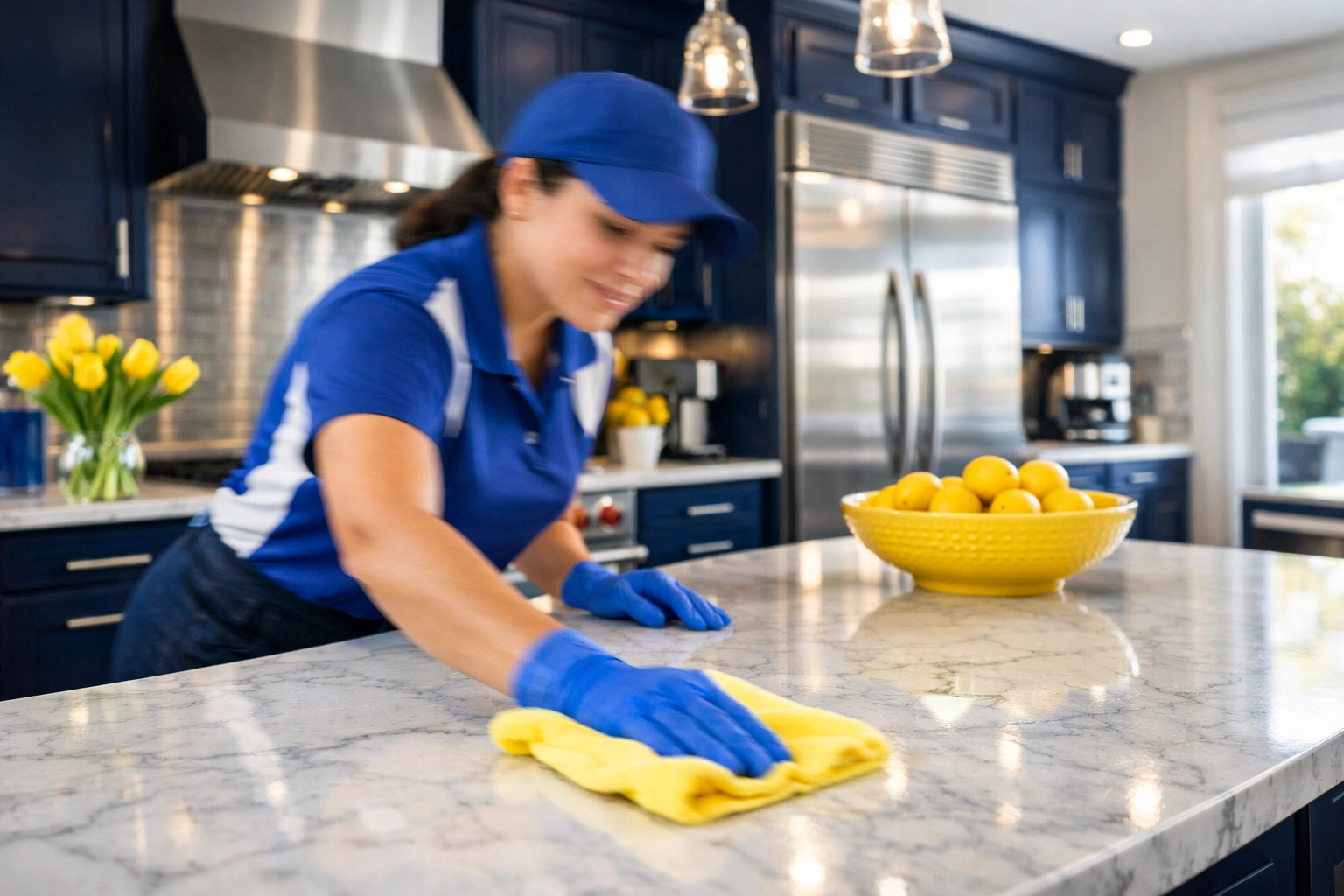 Professional cleaner wiping down a marble kitchen counter during an emergency cleaning service in Fitchburg, MA.