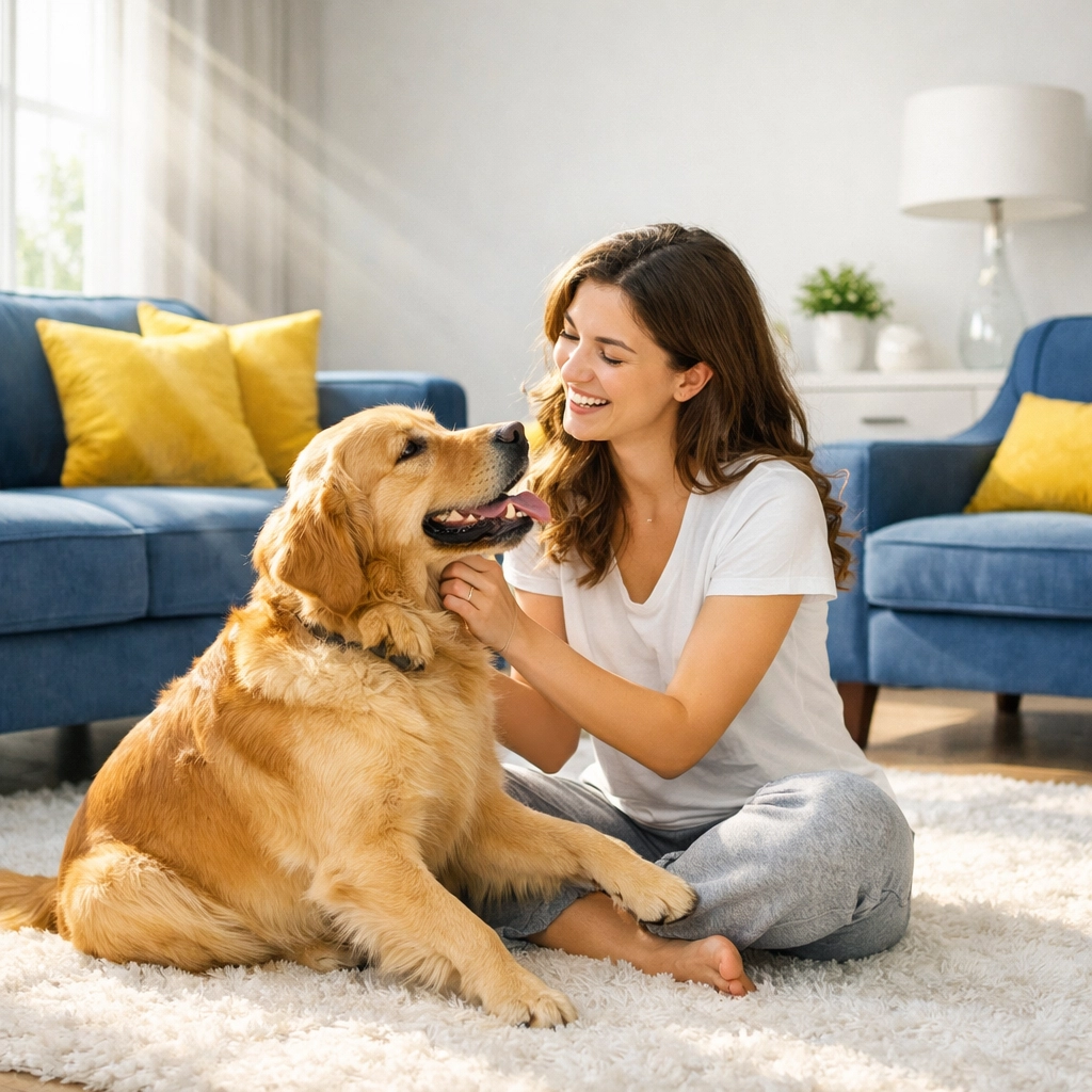A happy homeowner relaxing in a stress-free, professionally cleaned Leominster living room with her dog.
