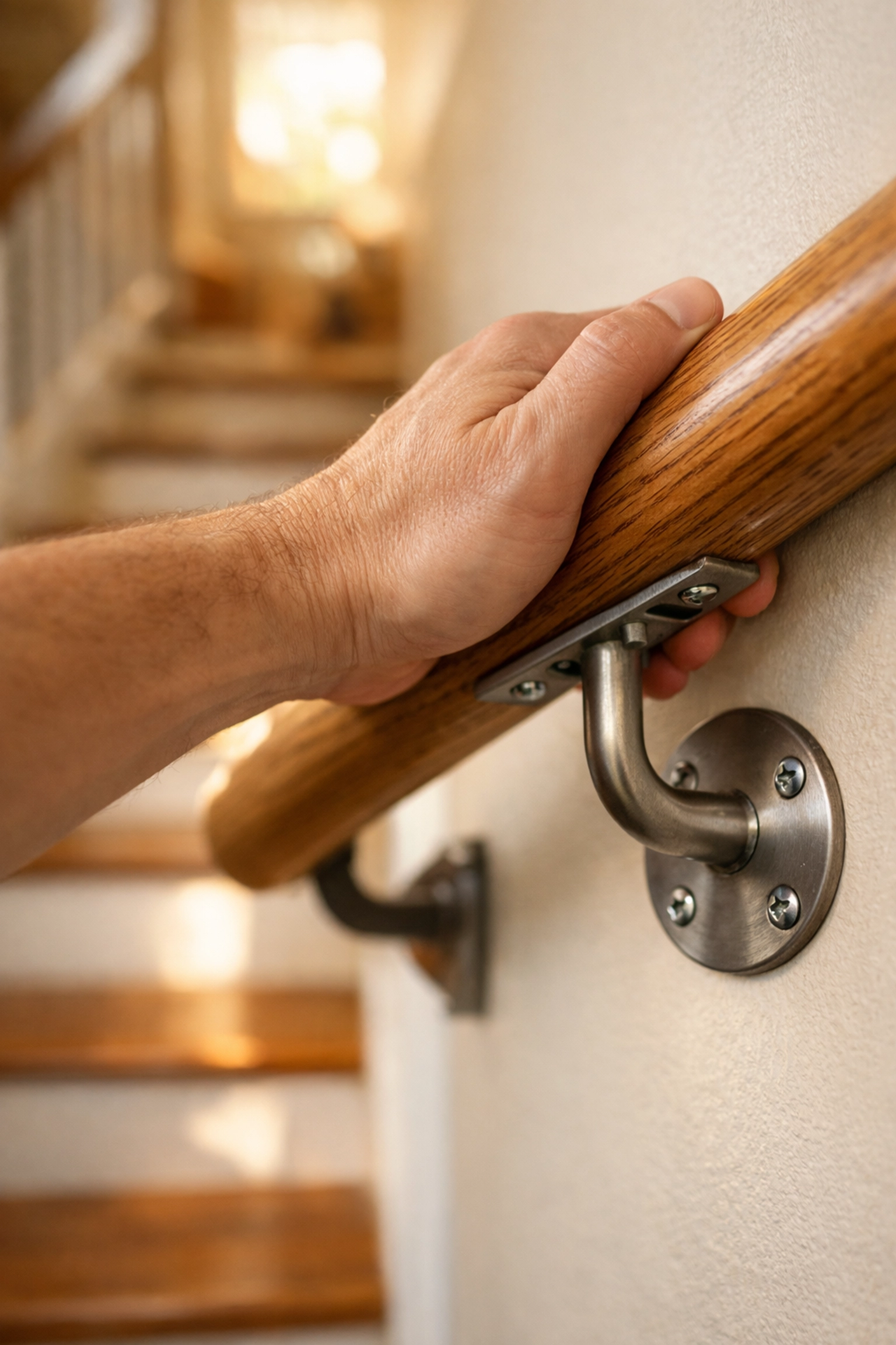 A hand firmly gripping a secure wooden handrail supported by a sturdy metal bracket for home stair safety.