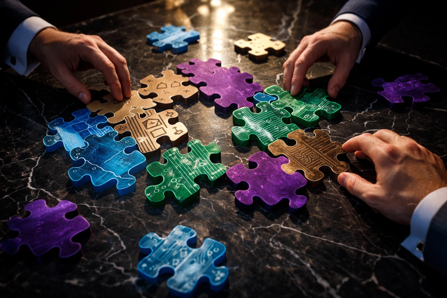 Puzzle pieces representing different asset classes being assembled, symbolizing asset allocation strategies and risk aggregation for institutional investors.