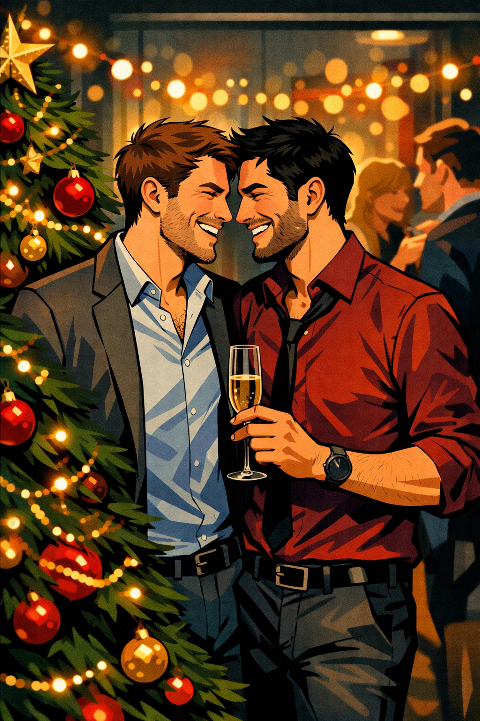 Two men with chemistry at office holiday party - workplace gay romance tension