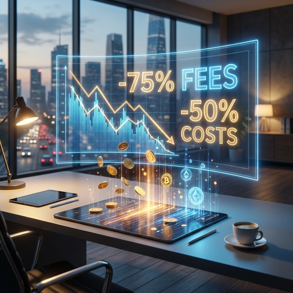 Business desk with digital display showing reduced crypto payment fees, highlighting Larecoin savings for merchants