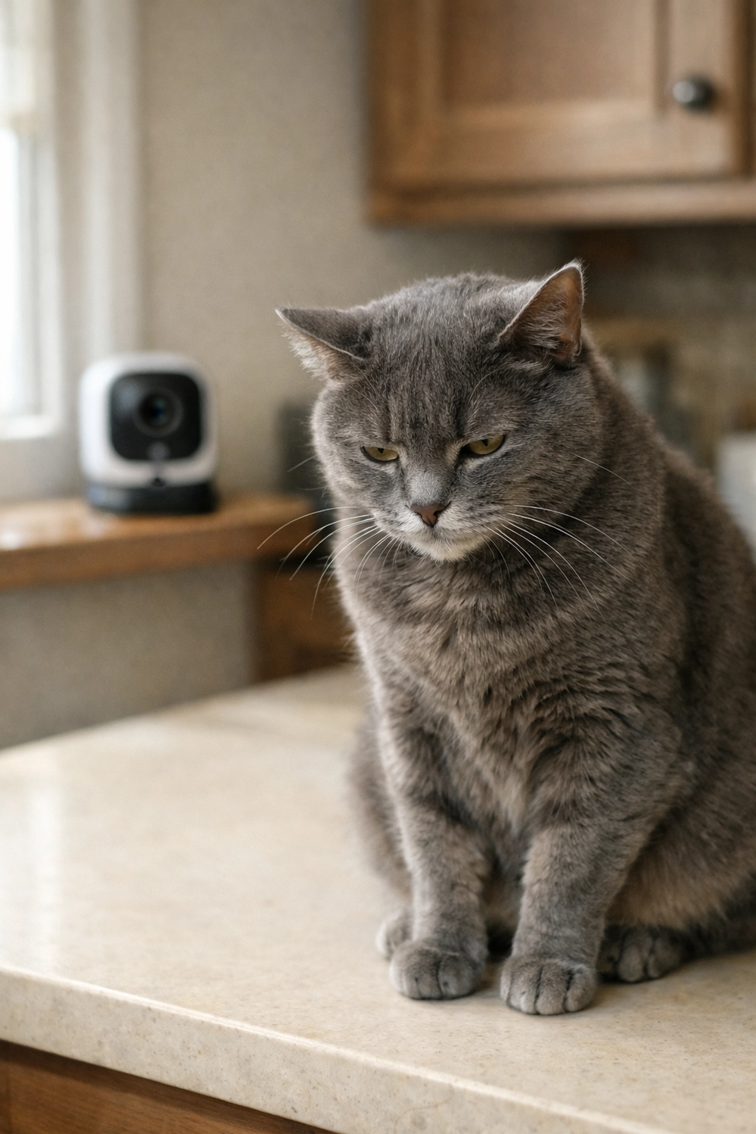 Gray cat showing subtle illness signs on counter with AI pet camera in background
