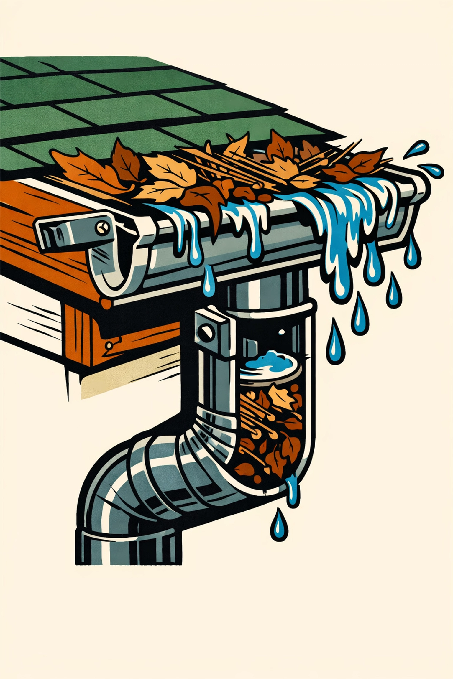 Clogged gutter filled with debris causing water overflow on NH home