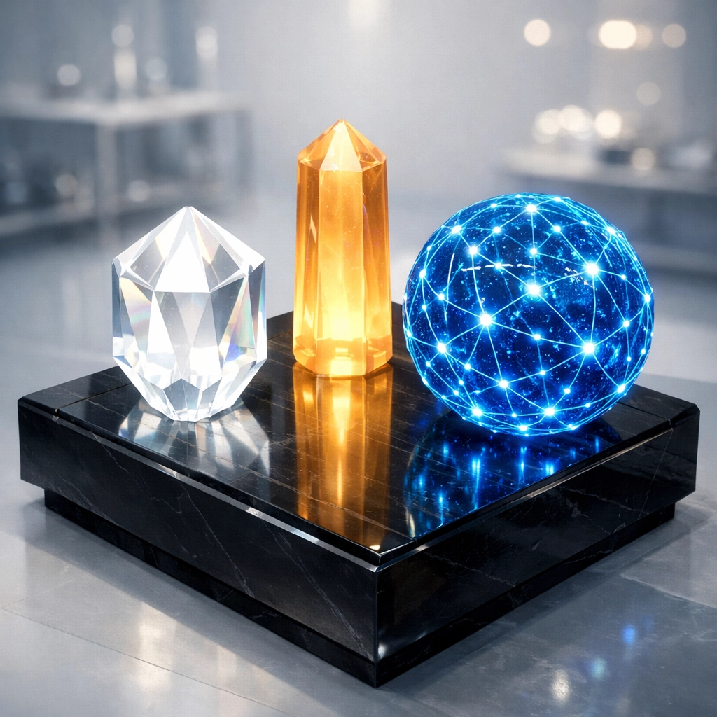 Three glowing crystalline structures representing the unique architectures of ChatGPT, Claude, and Gemini AI.