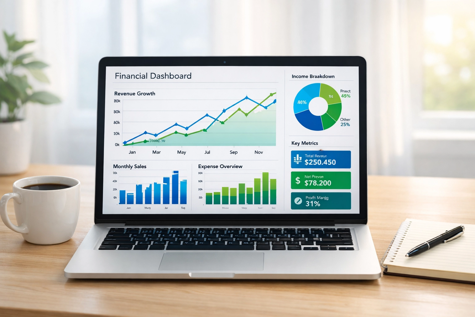 Financial dashboard showing real-time reporting and profit growth from outsourced accounting services