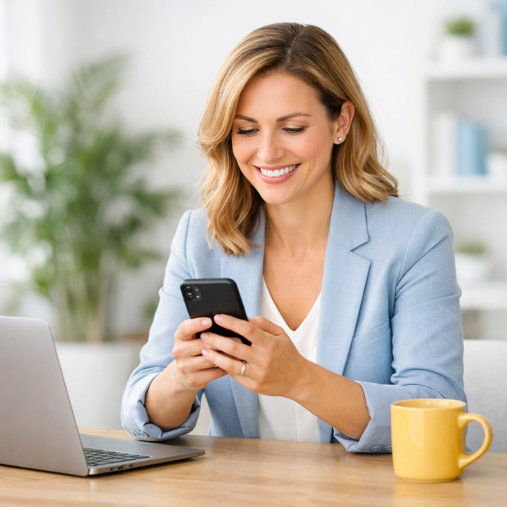 Professional woman smiling at a smartphone, demonstrating personalized nonprofit texting for donor engagement.
