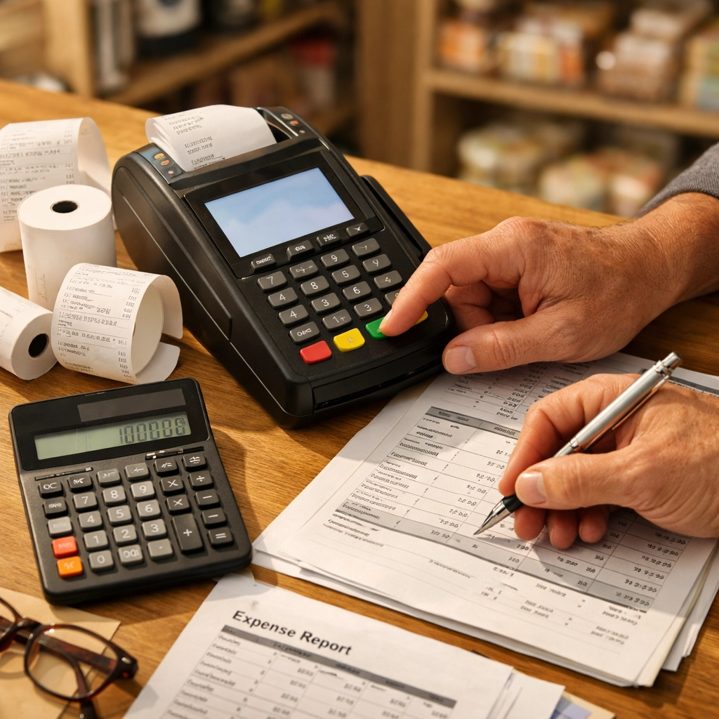 Retail business owner calculating POS system costs with receipts and financial documents