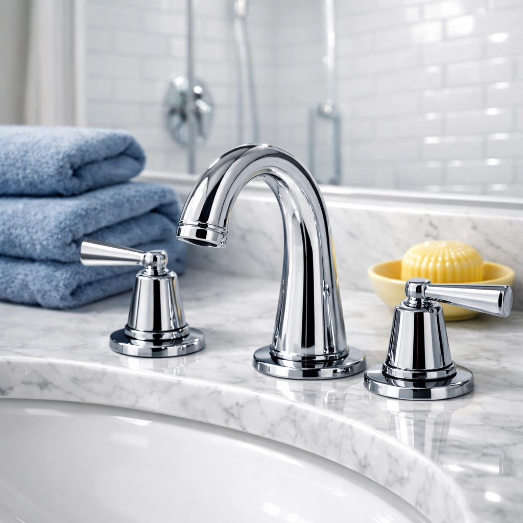 Sanitized luxury bathroom vanity and polished chrome faucet following expert deep cleaning in Groton MA.