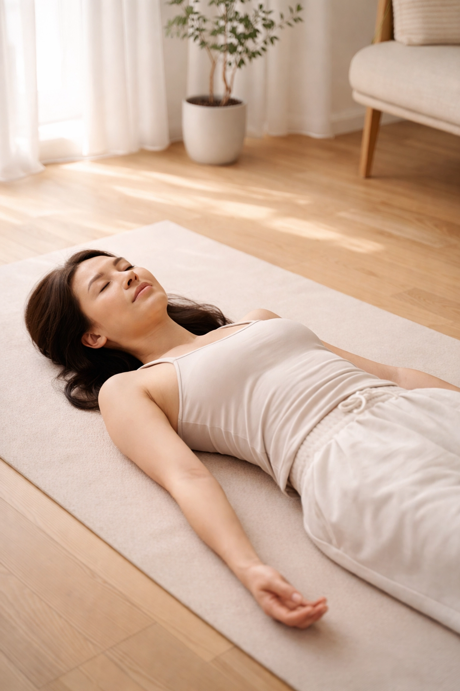 Asian woman performs a restful body scan meditation on a yoga mat in a sunlit, tranquil living room.