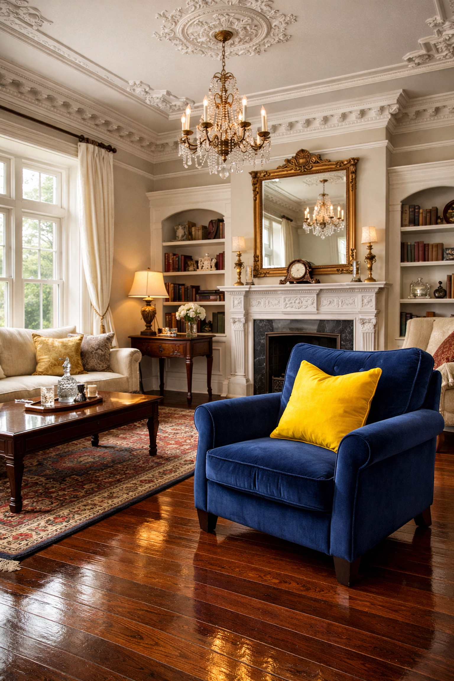 Pristine Worcester Victorian living room with polished mahogany floors cleaned by local professionals.