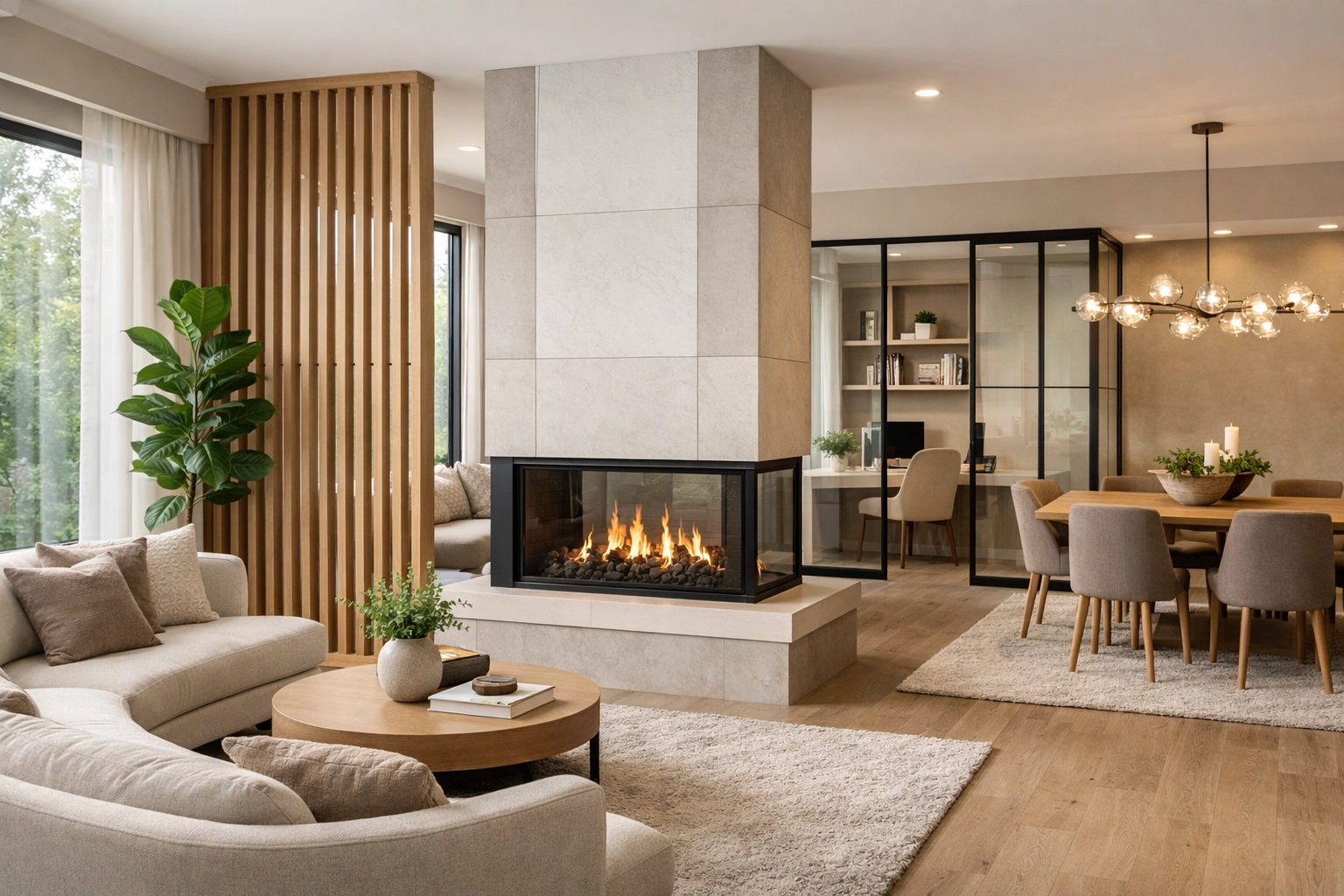 Zoned living room design in Orlando featuring a modern wood partition and double-sided fireplace.