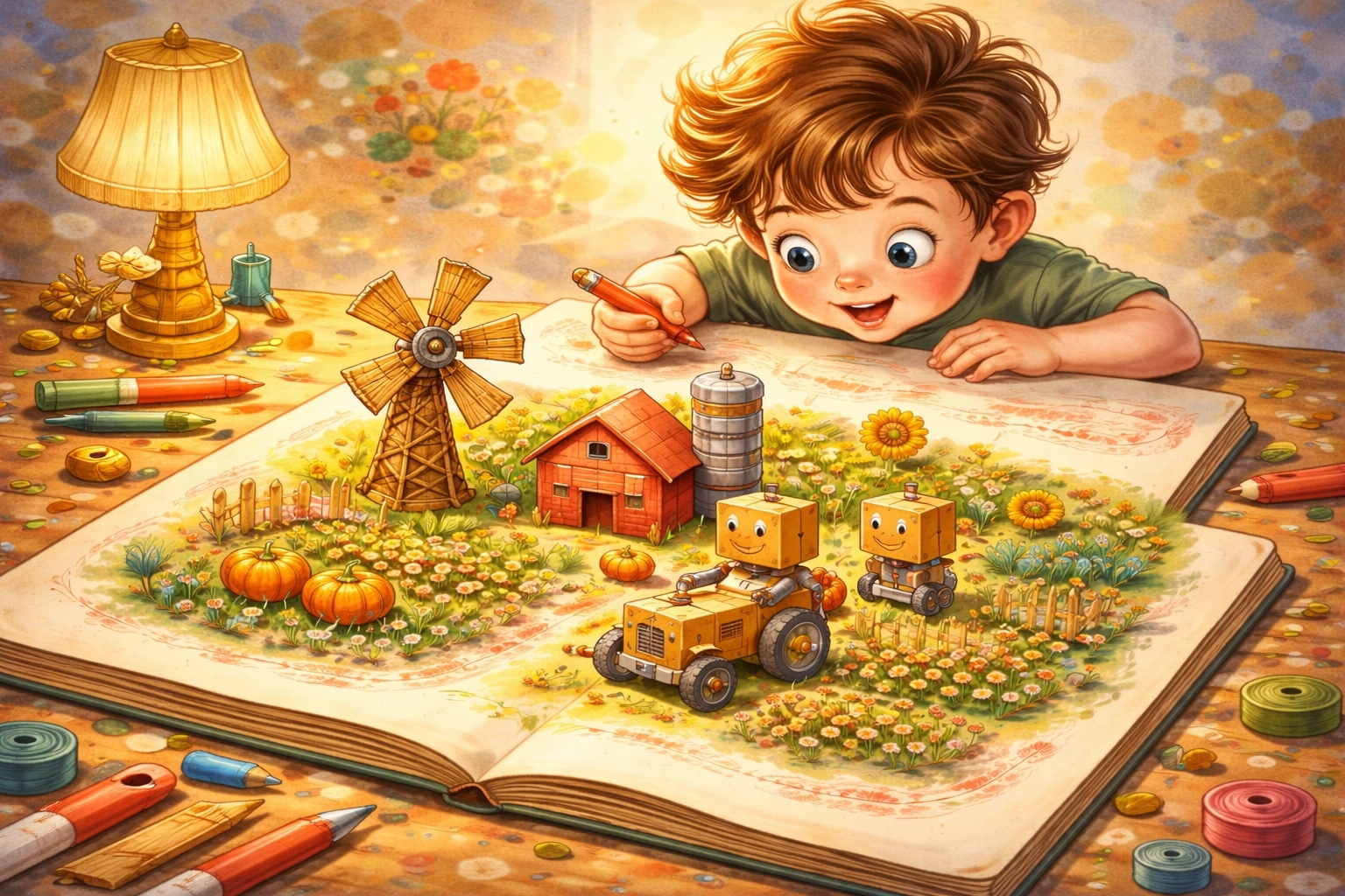 A child's imaginative future farm model transforms drawings into a creative diorama with robots and windmills.