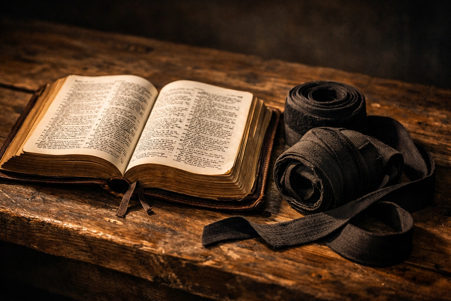 An open Bible beside martial arts hand wraps, symbolizing the intersection of physical strength and faith.