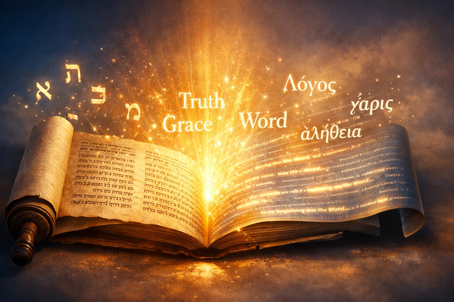Ancient Scripture scroll with Hebrew and Greek text transforming into modern Bible translation