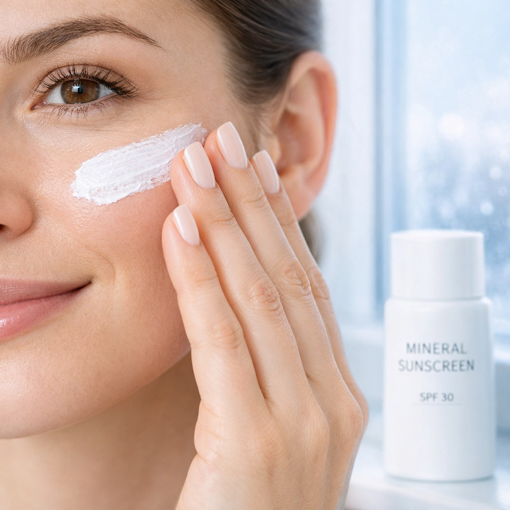 Applying mineral zinc sunscreen to face for winter rosacea protection in Edmonton