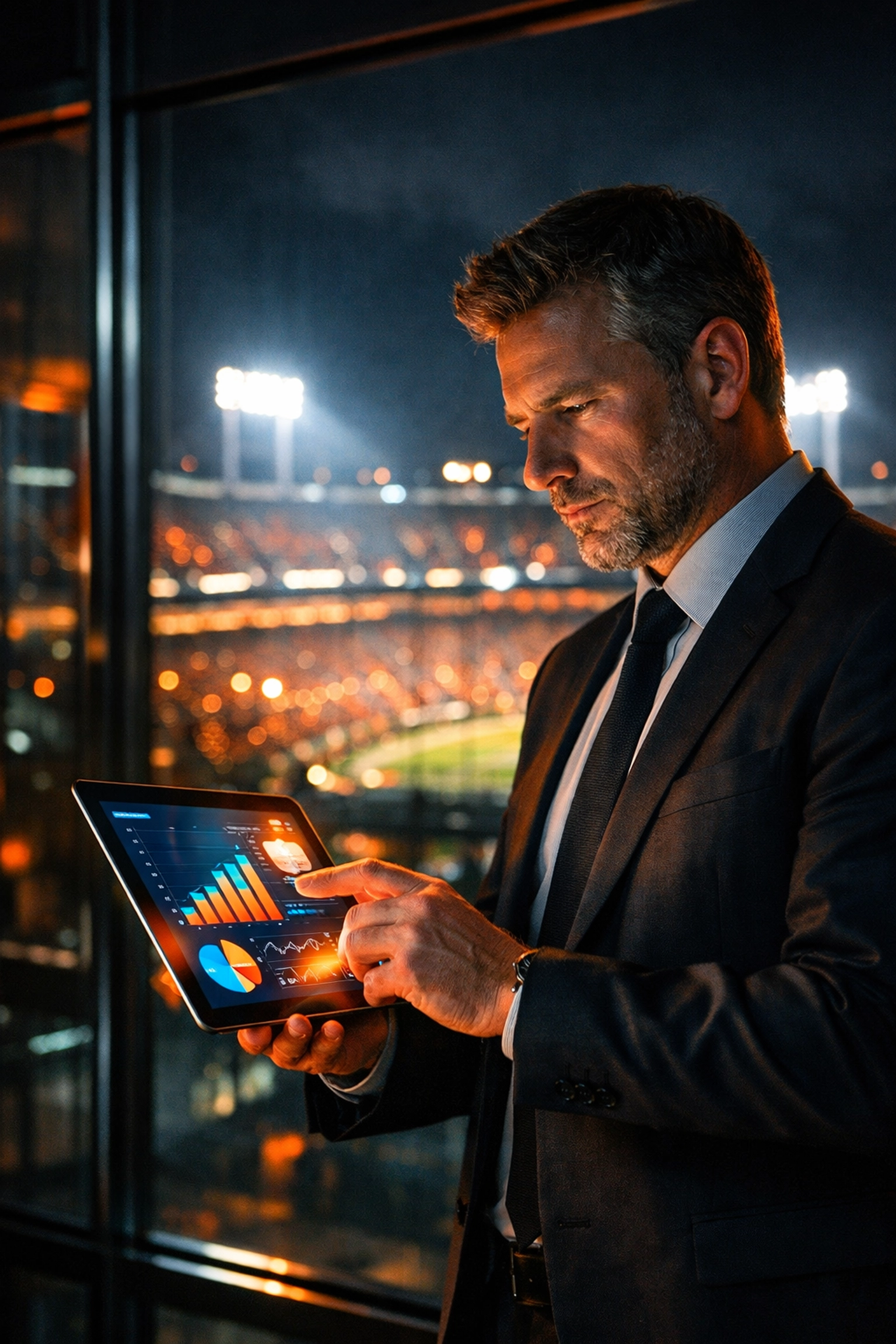 Marketing executive reviewing Super Bowl ROI data on a tablet with an illuminated football stadium background.