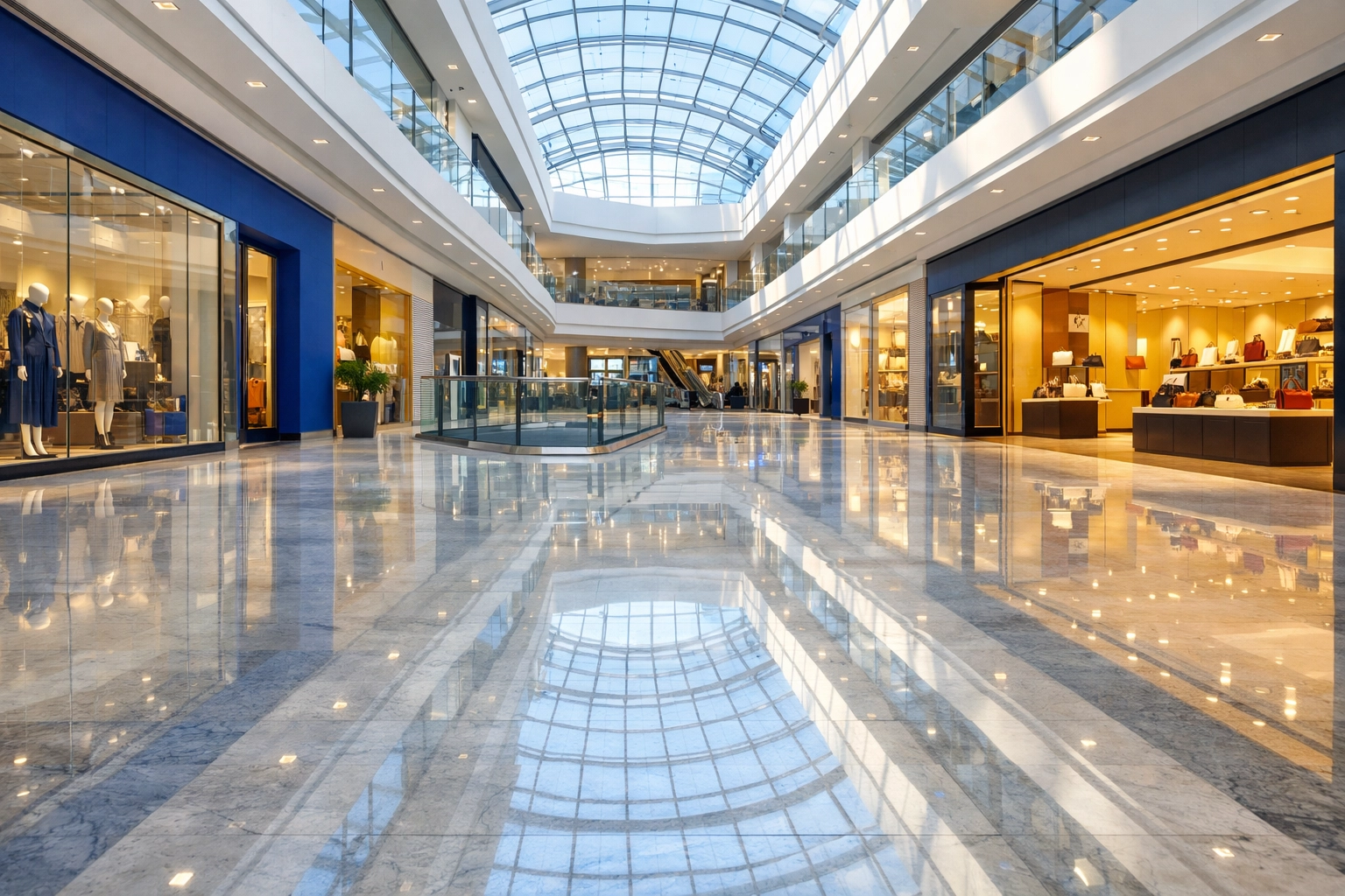 Pristine polished marble floors in a Peabody mall concourse showing expert commercial floor care.
