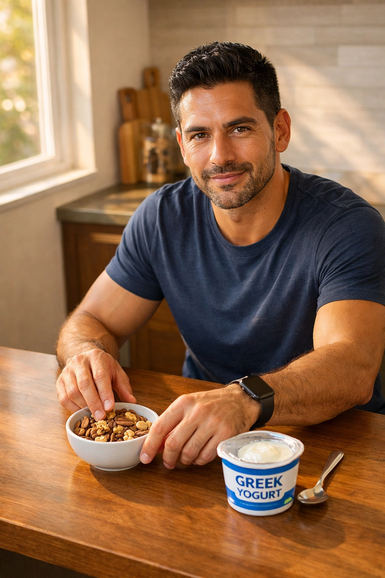 Man choosing protein-rich snacks like Greek yogurt and nuts for afternoon energy boost