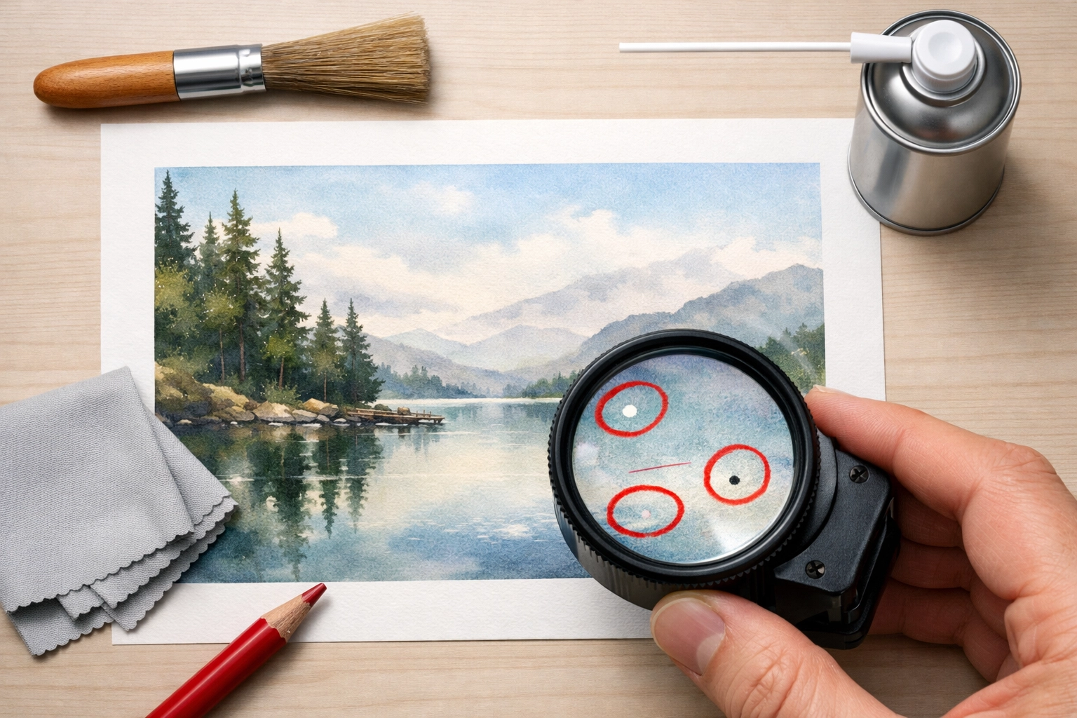 Artist inspecting scanned watercolor print for dust spots before giclee printing