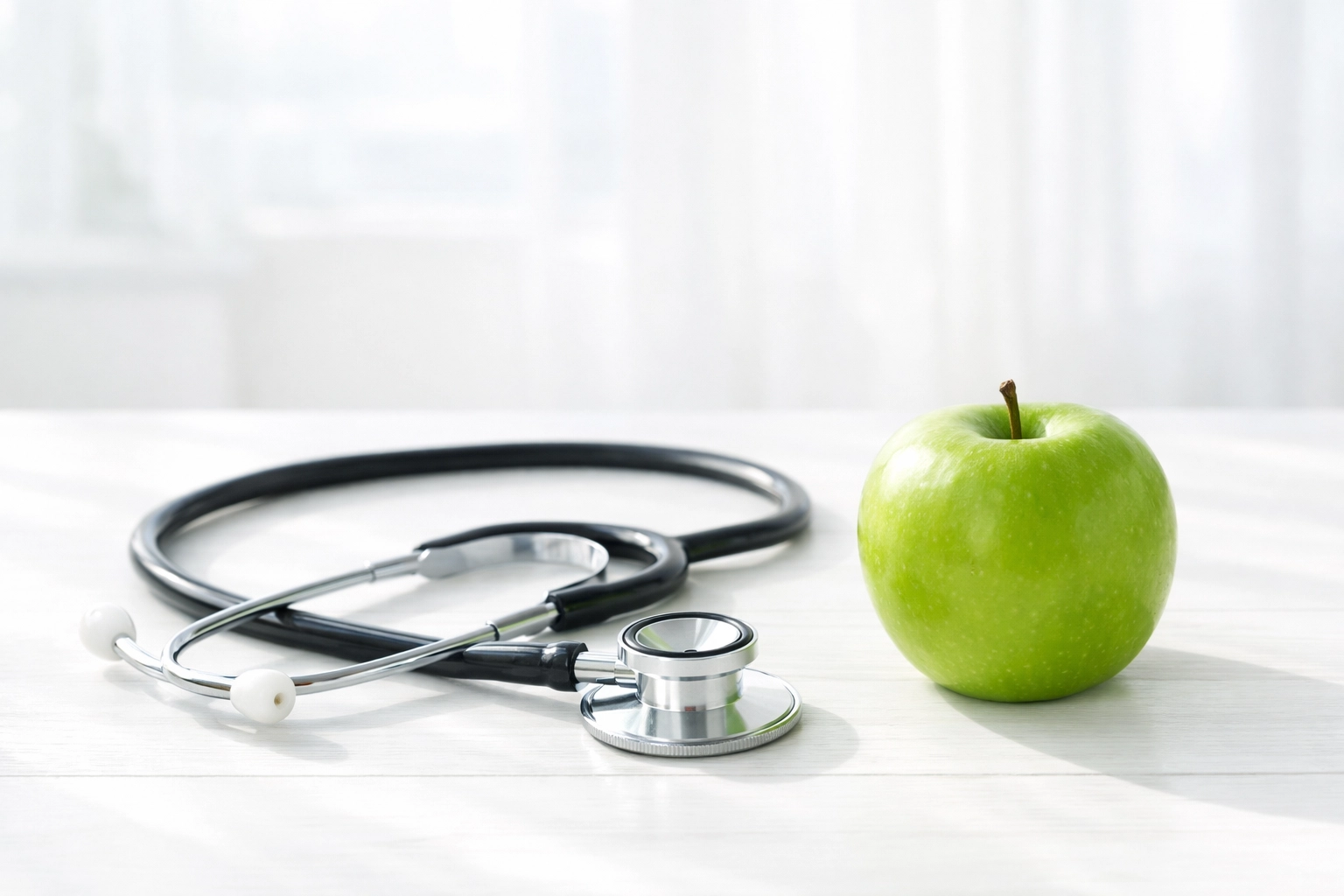 A stethoscope and green apple symbolizing professional medical guidance and transparent weight loss health.