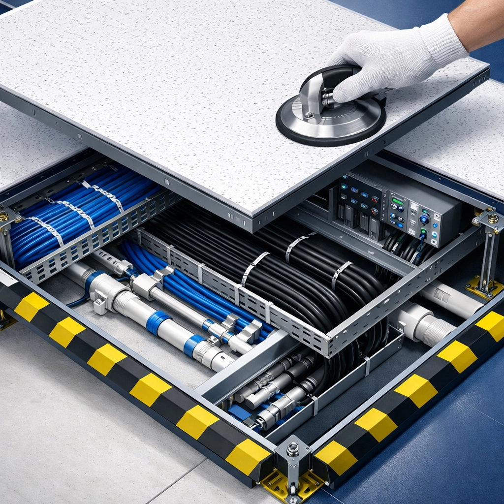 Meticulously cleaned subfloor and cable management trays beneath a data center raised floor system.