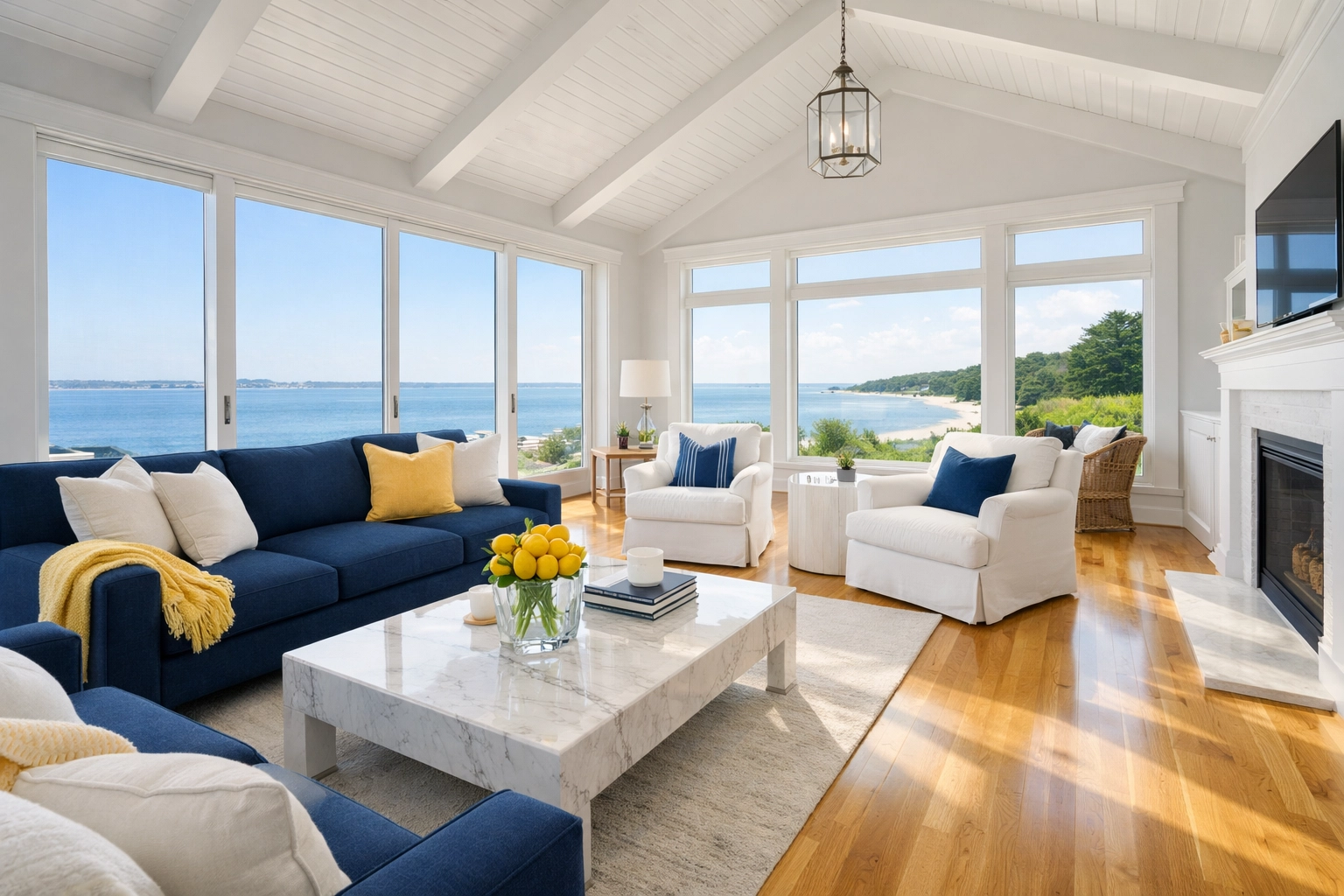 Pristine coastal living room in Bourne, MA after professional residential cleaning services.