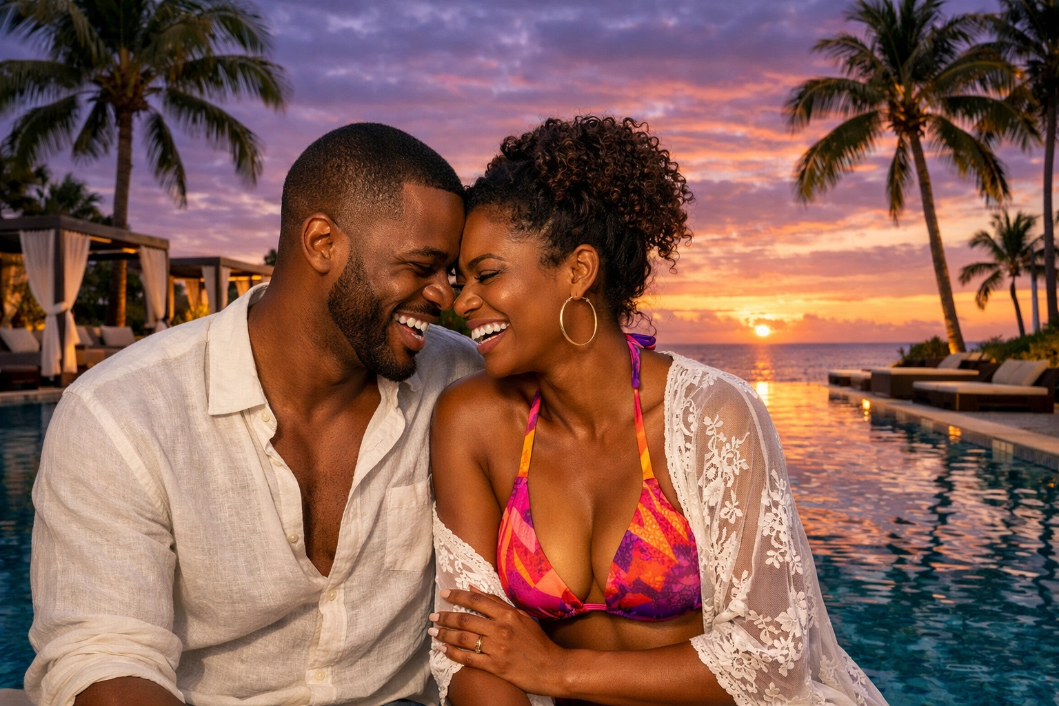 A happy couple enjoying a luxury resort pool area at sunset, ideal for Lifestyle Resorts booking.