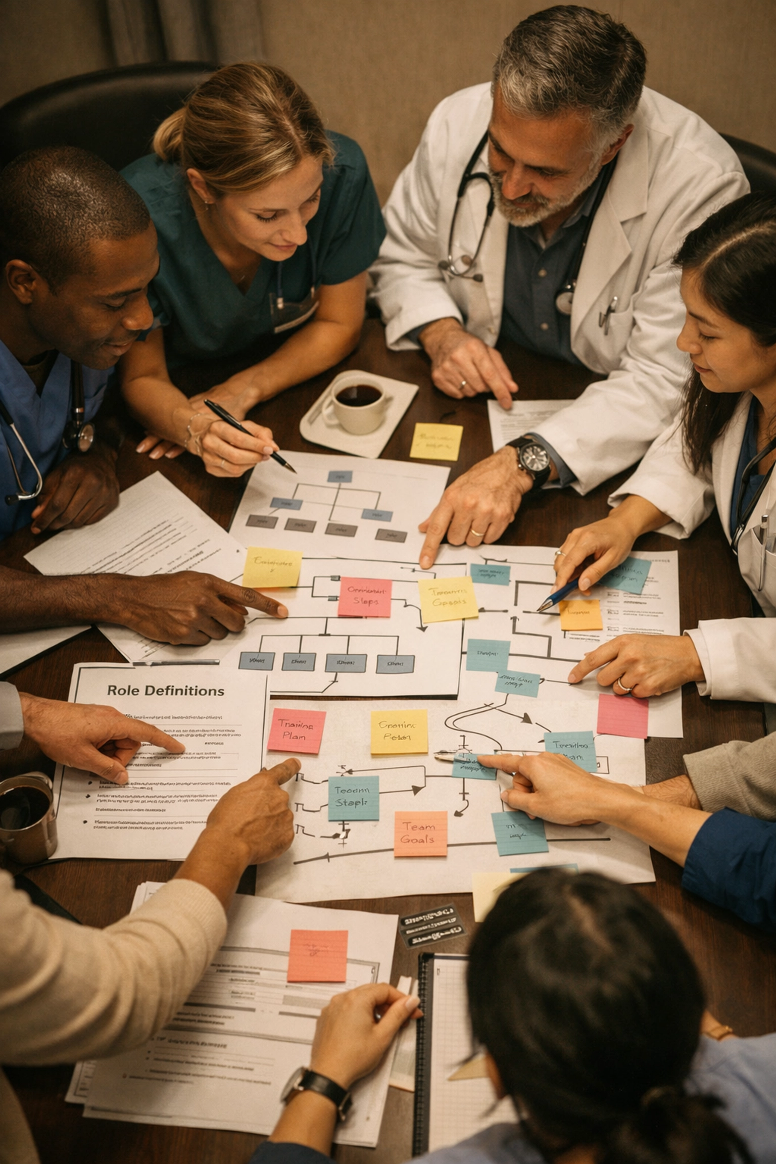 Healthcare team planning hiring strategy with organizational charts and workflow documents