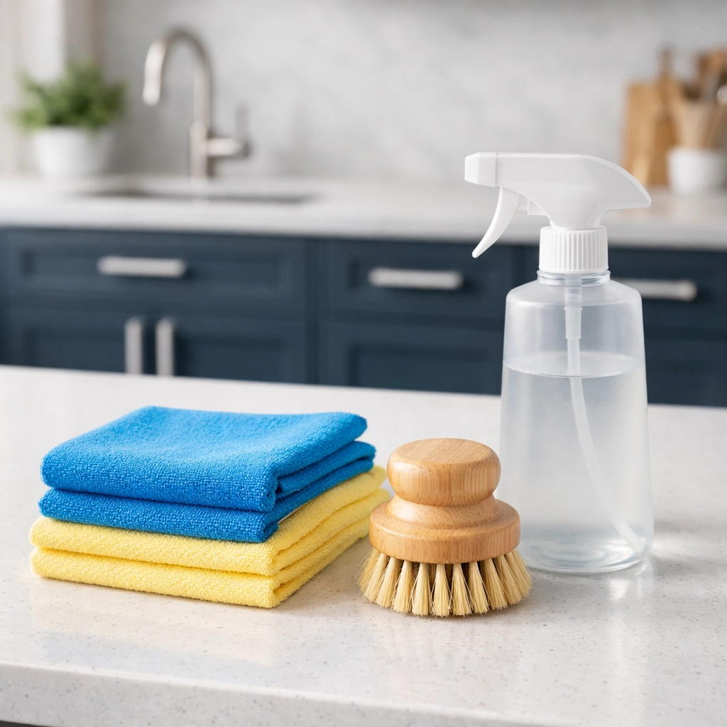 Eco-friendly cleaning tools on a modern kitchen counter for an efficient Boston apartment move-out cleaning.