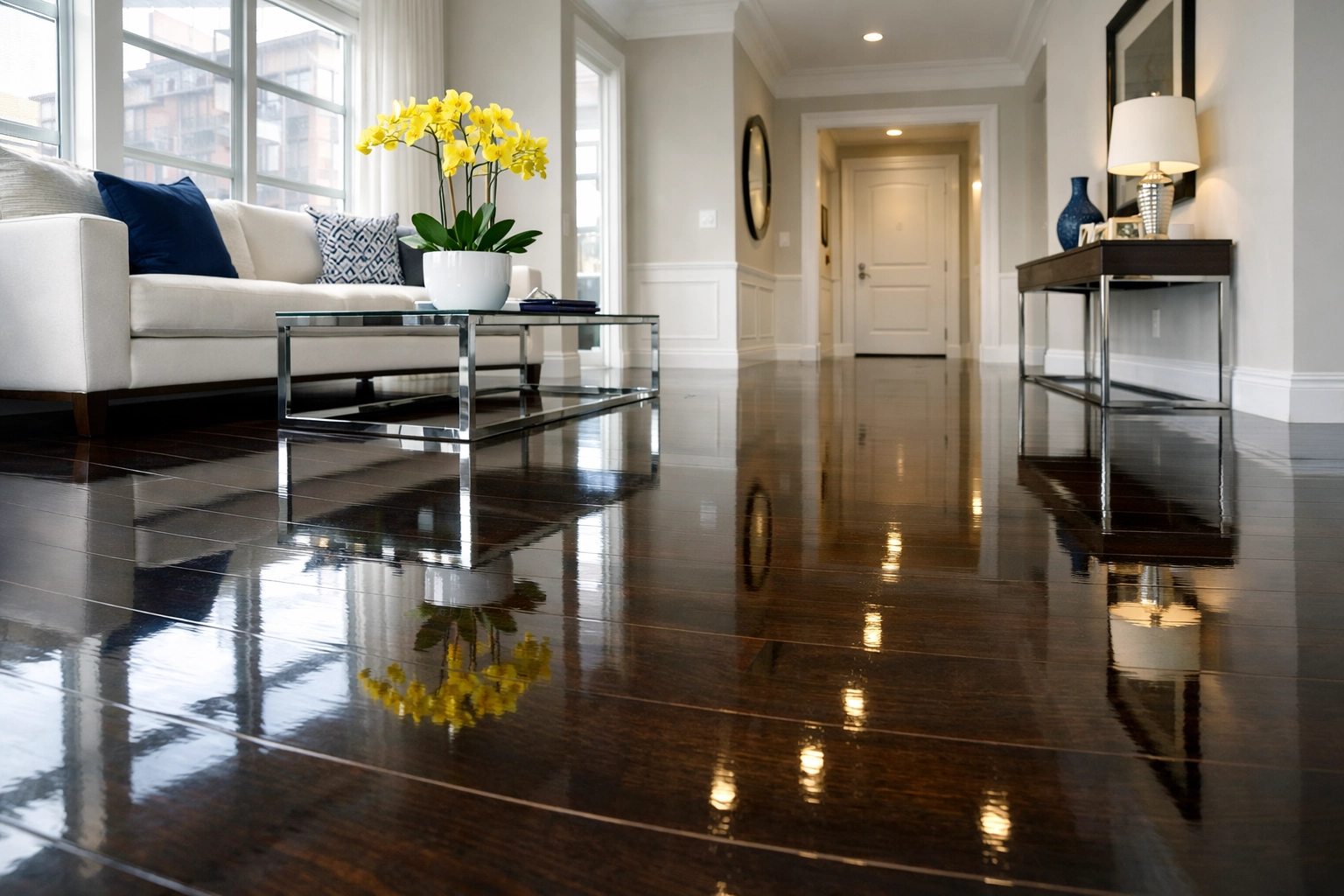 Clean living area with polished floors showing the quality of residential cleaning Massachusetts for property managers.