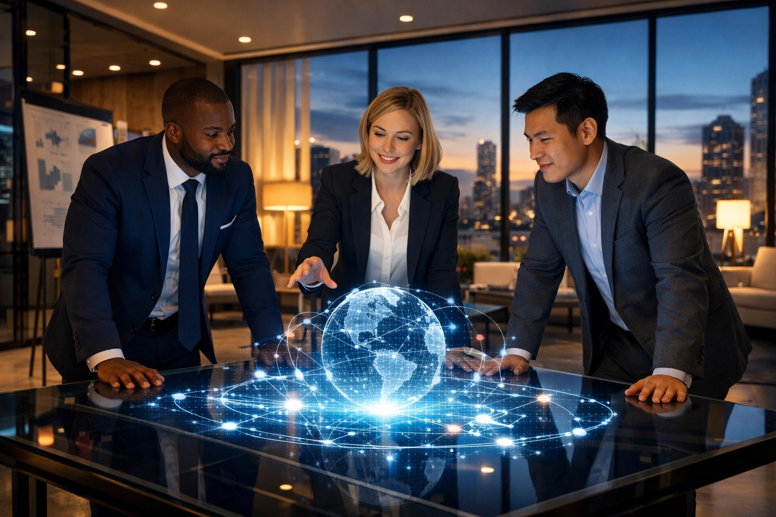 Corporate professionals collaborating on strategic growth systems in a modern innovation hub.